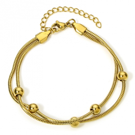Picture of 1 Piece Vacuum Plating 304 Stainless Steel Double Layer Snake Chain Bracelets 18K Gold Plated 17.5cm(6 7/8") long