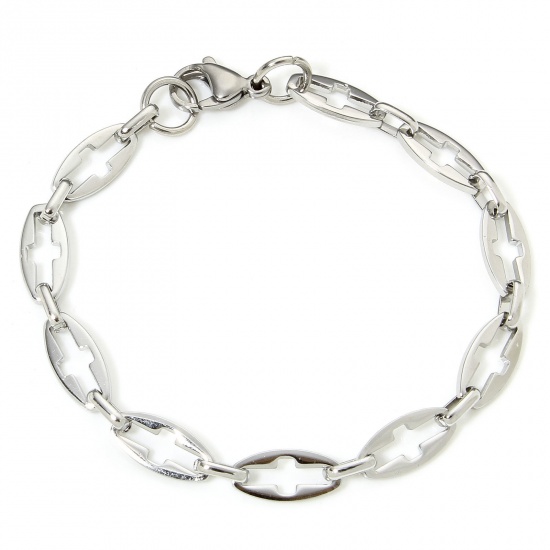 Immagine di 1 Piece 304 Stainless Steel Handmade Link Chain Bracelets Silver Tone Marquise Cross 19cm(7 4/8") long