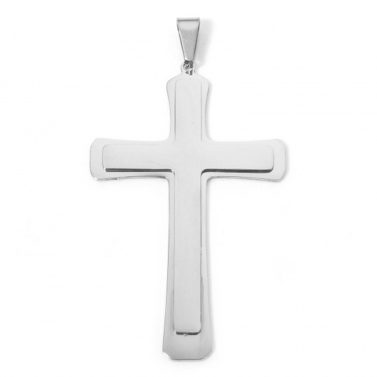 Image de 1 Pièce Breloques en 304 Acier Inoxydable Croix Argent Mat 7.4cm x 4.1cm