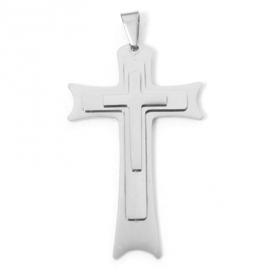 Image de 1 Pièce Breloques en 304 Acier Inoxydable Croix Argent Mat 6.9cm x 3.6cm