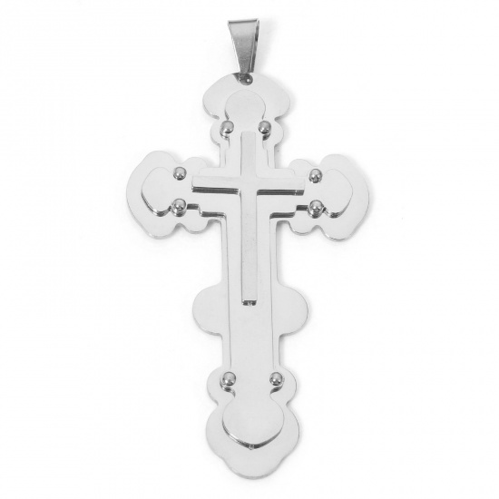 Image de 1 Pièce Breloques en 304 Acier Inoxydable Croix Argent Mat 7.4cm x 3.7cm