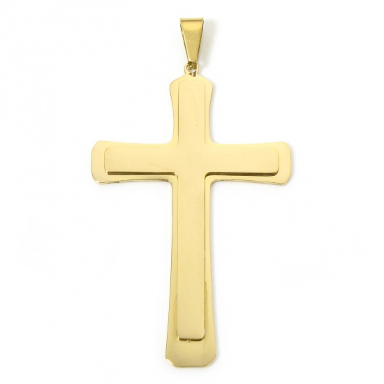 Image de 1 Pièce Pendentifs en 304 Acier Inoxydable Revêtement sous Vide PVD Respectueux de l'Environnement Religieux Plaqué Or 18K Croix 7.4cm x 4.1cm