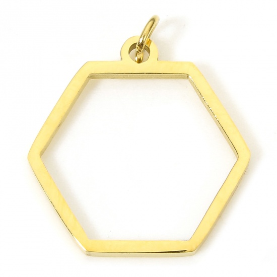 Immagine di 5 Pz Placcatura Sottovuoto PVD Ecologica 304 Acciaio Inossidabile Geometrico Ciondoli Placcato Oro 18K Esagono Filigrana 20mm x 17mm