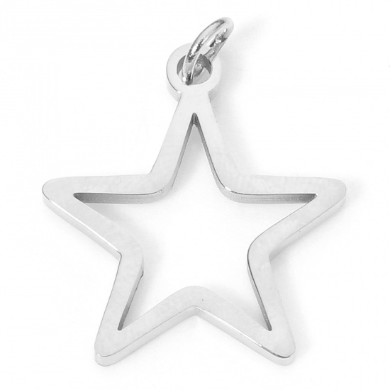 Immagine di 5 Pz Placcatura Sottovuoto 304 Acciaio Inossidabile Ciondoli Stella a Cinque Punte Tono Argento Con Anello 19mm x 15mm