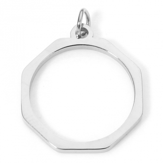 Immagine di 5 Pz Placcatura Sottovuoto 304 Acciaio Inossidabile Ciondoli Ottagono Tono Argento Con Anello 20mm x 15mm