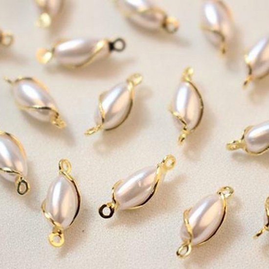 Picture of 2 PCs Brass Connectors Charms Pendants Oval 18K Gold Plated Imitation Pearl 13mm x 5mm