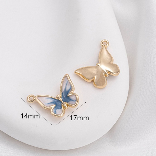 Picture of 1 Piece Brass Insect Charms 14K Real Gold Plated White & Blue Butterfly Animal Enamel 17mm x 14mm