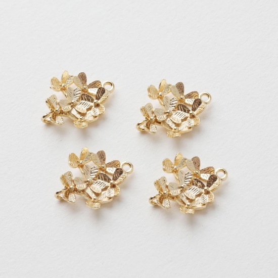 Picture of 2 PCs Brass Connectors Charms Pendants Flower Leaves 14K Gold Plated 18mm x 15mm
