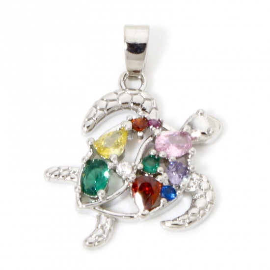 Immagine di 1 Pz Ottone Gioielli Oceanici Ciondoli Pendenti Tartaruga di Mare Platino Placcato Filigrana Multicolore Cubic Zirconiae 24mm x 20mm