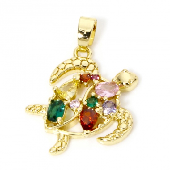 Immagine di 1 Pz Ottone Gioielli Oceanici Ciondoli Pendenti Tartaruga di Mare Placcato Oro 18K Filigrana Multicolore Cubic Zirconiae 24mm x 20mm