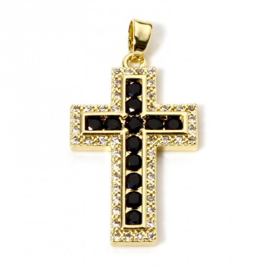 Immagine di 1 Pz Ottone Religione Ciondoli Pendenti Croce Placcato Oro 18K Nero Micro Spianare Trasparente Strass 3.3cm x 1.8cm