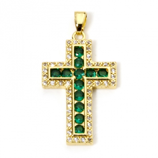 Immagine di 1 Pz Ottone Religione Ciondoli Pendenti Croce Placcato Oro 18K Verde Micro Spianare Trasparente Strass 3.3cm x 1.8cm