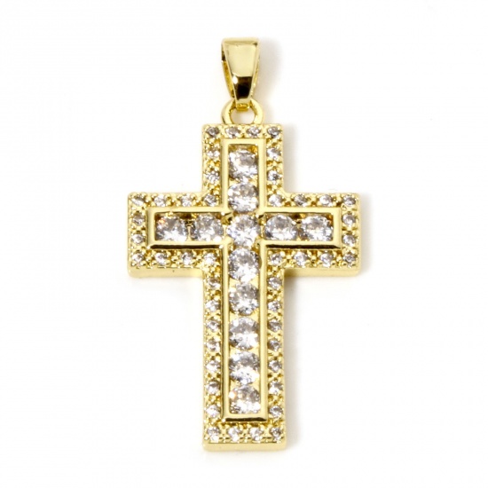 Immagine di 1 Pz Ottone Religione Ciondoli Pendenti Croce Placcato Oro 18K Micro Spianare Trasparente Strass 3.3cm x 1.8cm