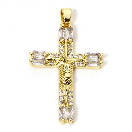 Immagine di 1 Pz Ottone Religione Ciondoli Pendenti Croce Placcato Oro 18K Gesù Micro Spianare Trasparente Strass 3.6cm x 2.2cm