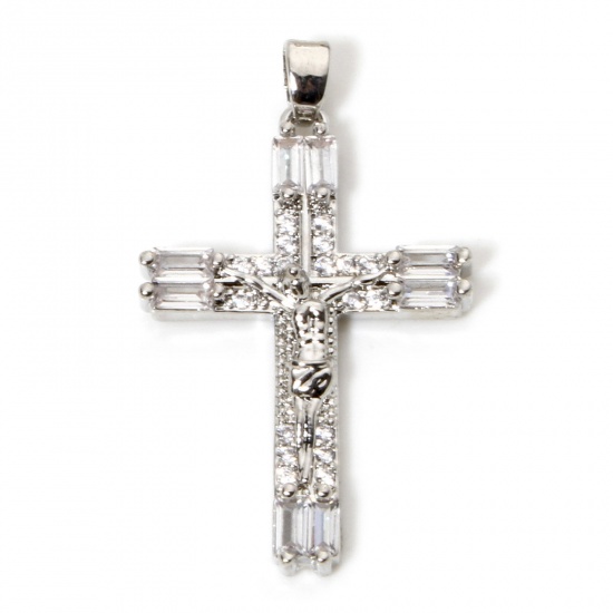 Immagine di 1 Pz Ottone Religione Ciondoli Pendenti Croce Vero Platino Placcato Gesù Micro Spianare Trasparente Strass 3.6cm x 2.2cm