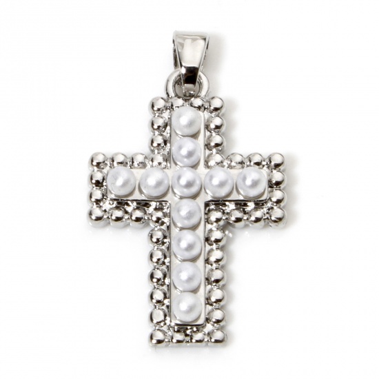 Immagine di 1 Pz Ottone Religione Ciondoli Pendenti Croce Vero Platino Placcato Bianco Perla Imitato Acrilico 29mm x 17mm