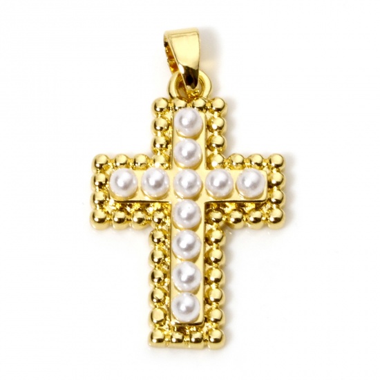 Immagine di 1 Pz Ottone Religione Ciondoli Pendenti Croce Placcato Oro 18K Bianco Perla Imitato Acrilico 29mm x 17mm