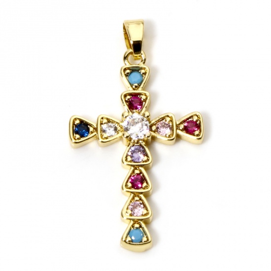 Immagine di 1 Pz Ottone Religione Ciondoli Pendenti Croce Placcato Oro 18K Multicolore Strass 3.3cm x 1.8cm