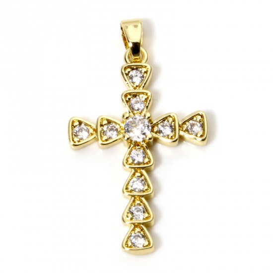 Immagine di 1 Pz Ottone Religione Ciondoli Pendenti Croce Placcato Oro 18K Trasparente Strass 3.3cm x 1.8cm