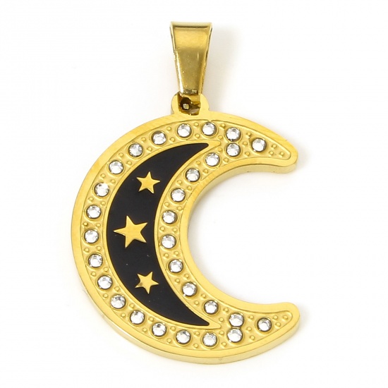 Immagine di 1 Pz Placcatura Sottovuoto 304 Acciaio Inossidabile Galassia Ciondoli Pendenti Luna Oro Placcato Nero Stella Smalto Trasparente Strass 3.3cm x 2.1cm