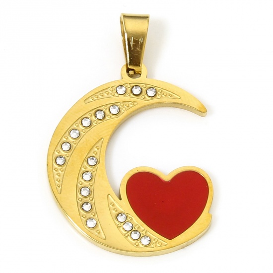 Immagine di 1 Pz Placcatura Sottovuoto 304 Acciaio Inossidabile Galassia Ciondoli Pendenti Luna Oro Placcato Rosso Cuore Smalto Trasparente Strass 3.4cm x 2.2cm