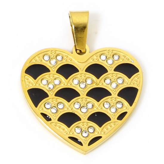 Immagine di 1 Pz Placcatura Sottovuoto 304 Acciaio Inossidabile San Valentino Ciondoli Pendenti Cuore Oro Placcato Nero Onda Smalto Trasparente Strass 2.9cm x 2.4cm