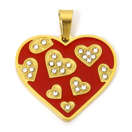 Immagine di 1 Pz Placcatura Sottovuoto 304 Acciaio Inossidabile San Valentino Ciondoli Pendenti Cuore Oro Placcato Rosso Smalto Trasparente Strass 3cm x 2.6cm