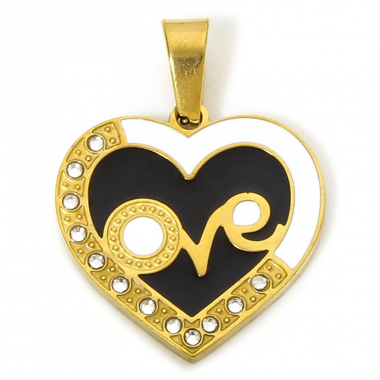 Immagine di 1 Pz Placcatura Sottovuoto 304 Acciaio Inossidabile San Valentino Ciondoli Pendenti Cuore Oro Placcato Nero & Bianco Occhi Smalto Trasparente Strass 2.8cm x 2.2cm