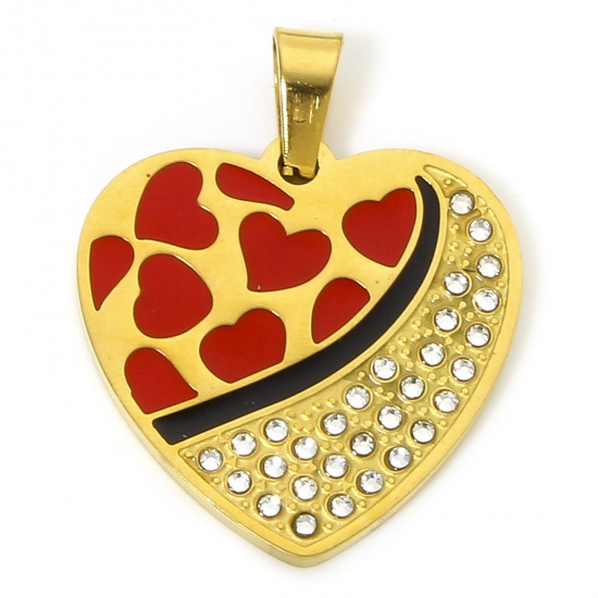 Immagine di 1 Pz Placcatura Sottovuoto 304 Acciaio Inossidabile San Valentino Ciondoli Pendenti Cuore Oro Placcato Nero & Rosso Smalto Trasparente Strass 3.1cm x 2.5cm