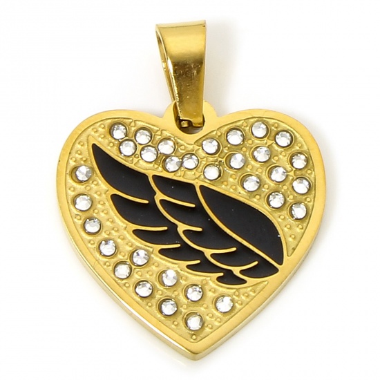 Immagine di 1 Pz Placcatura Sottovuoto 304 Acciaio Inossidabile San Valentino Ciondoli Pendenti Cuore Oro Placcato Nero Ali Smalto Trasparente Strass 2.7cm x 2.1cm