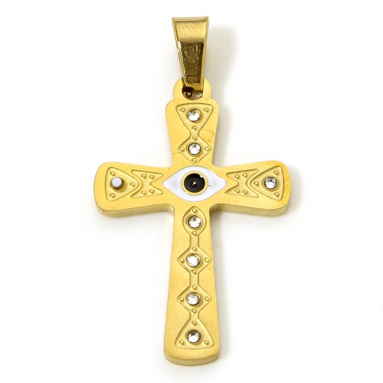 Immagine di 1 Pz Placcatura Sottovuoto 304 Acciaio Inossidabile Religione Ciondoli Pendenti Croce Oro Placcato Nero & Bianco Intagliato Smalto Trasparente Strass 3.8cm x 2cm