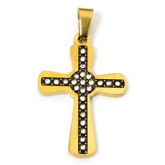 Immagine di 1 Pz Placcatura Sottovuoto 304 Acciaio Inossidabile Religione Ciondoli Pendenti Croce Oro Placcato Nero Smalto Trasparente Strass 3.8cm x 2.1cm