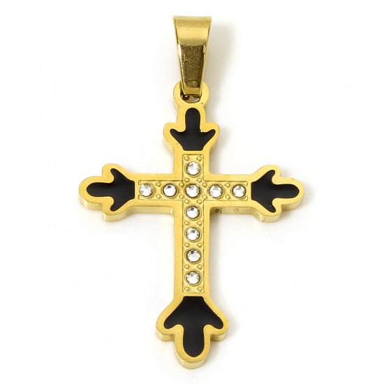 Immagine di 1 Pz Placcatura Sottovuoto 304 Acciaio Inossidabile Religione Ciondoli Pendenti Croce Oro Placcato Nero Freccia Smalto Trasparente Strass 3.6cm x 2.2cm