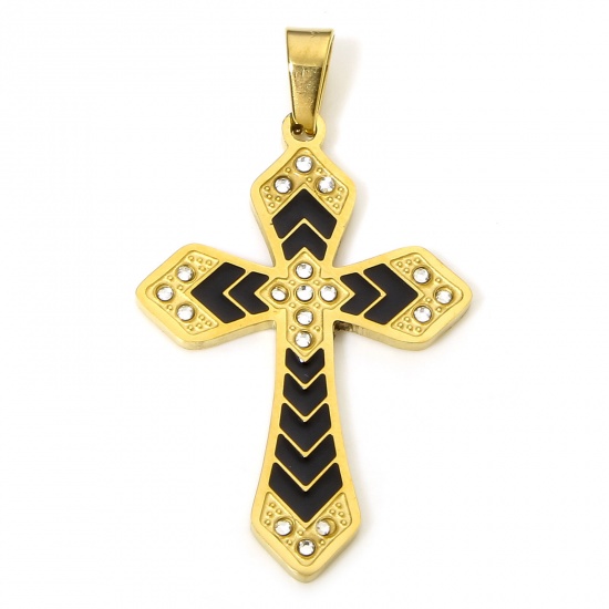 Immagine di 1 Pz Placcatura Sottovuoto 304 Acciaio Inossidabile Religione Ciondoli Pendenti Croce Oro Placcato Nero Freccia Smalto Trasparente Strass 4.5cm x 2.6cm