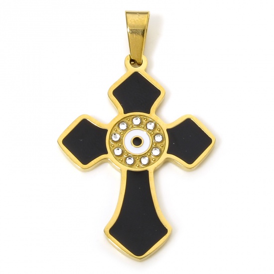 Immagine di 1 Pz Placcatura Sottovuoto 304 Acciaio Inossidabile Religione Ciondoli Pendenti Croce Oro Placcato Nero Freccia Smalto Trasparente Strass 4cm x 2.4cm