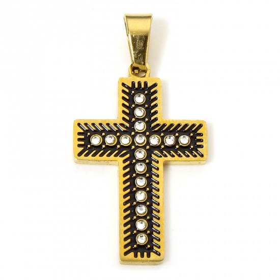 Immagine di 1 Pz Placcatura Sottovuoto 304 Acciaio Inossidabile Religione Ciondoli Pendenti Croce Oro Placcato Nero Smalto Trasparente Strass 3.5cm x 1.8cm