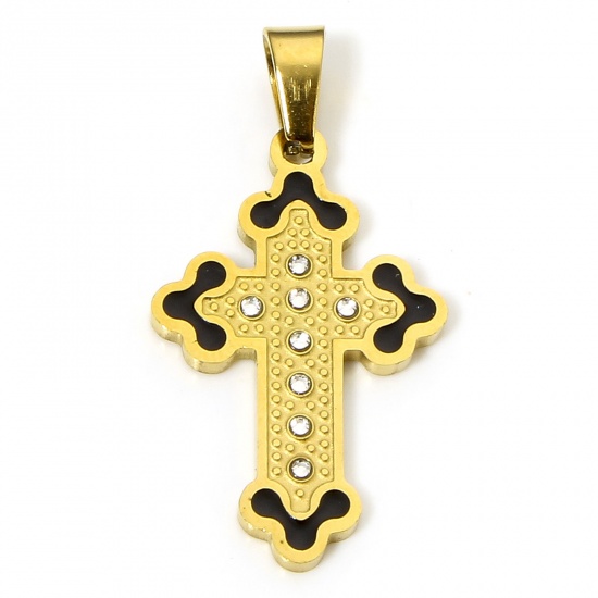 Immagine di 1 Pz Placcatura Sottovuoto 304 Acciaio Inossidabile Religione Ciondoli Pendenti Croce Oro Placcato Nero Freccia Smalto Trasparente Strass 3.9cm x 2.3cm