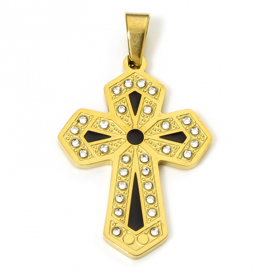 Immagine di 1 Pz Placcatura Sottovuoto 304 Acciaio Inossidabile Religione Ciondoli Pendenti Croce Oro Placcato Nero Smalto Trasparente Strass 3.6cm x 1.8cm