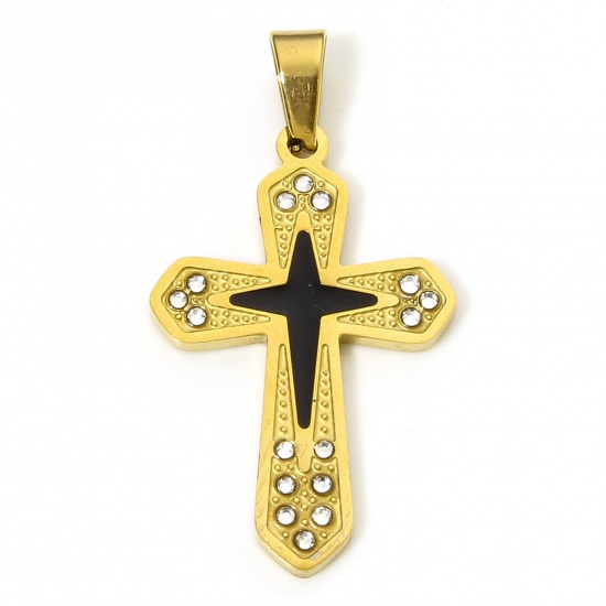 Immagine di 1 Pz Placcatura Sottovuoto 304 Acciaio Inossidabile Religione Ciondoli Pendenti Croce Oro Placcato Nero Smalto Trasparente Strass 3.9cm x 2.1cm