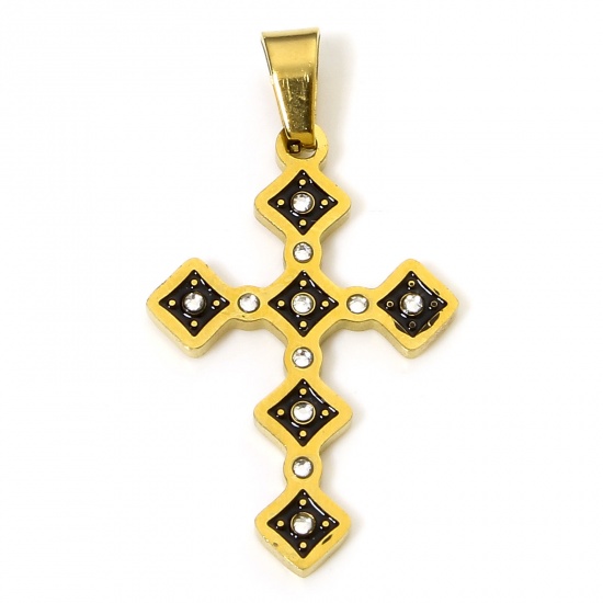 Immagine di 1 Pz Placcatura Sottovuoto 304 Acciaio Inossidabile Religione Ciondoli Pendenti Croce Oro Placcato Nero Rombo Smalto Trasparente Strass 3.8cm x 2.1cm