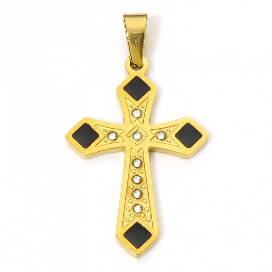 Immagine di 1 Pz Placcatura Sottovuoto 304 Acciaio Inossidabile Religione Ciondoli Pendenti Croce Oro Placcato Nero Rombo Smalto Trasparente Strass 3.9cm x 2.1cm