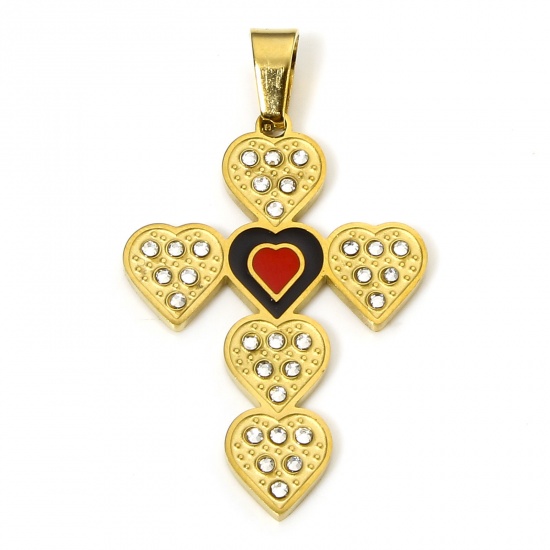 Immagine di 1 Pz Placcatura Sottovuoto 304 Acciaio Inossidabile Religione Ciondoli Pendenti Croce Oro Placcato Nero & Rosso Cuore Smalto Trasparente Strass 4.1cm x 2.4cm