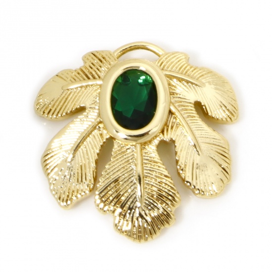 Immagine di 1 Pz Ottone Ciondoli Foglia 18K Vero Oro Placcato Struttura Filigrana Verde Cubic Zirconiae 23mm x 22.5mm