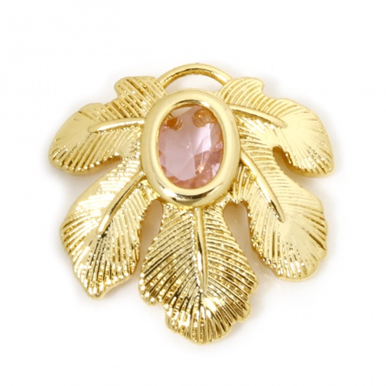 Immagine di 1 Pz Ottone Ciondoli Foglia 18K Vero Oro Placcato Struttura Filigrana Rosa Cubic Zirconiae 23mm x 22.5mm