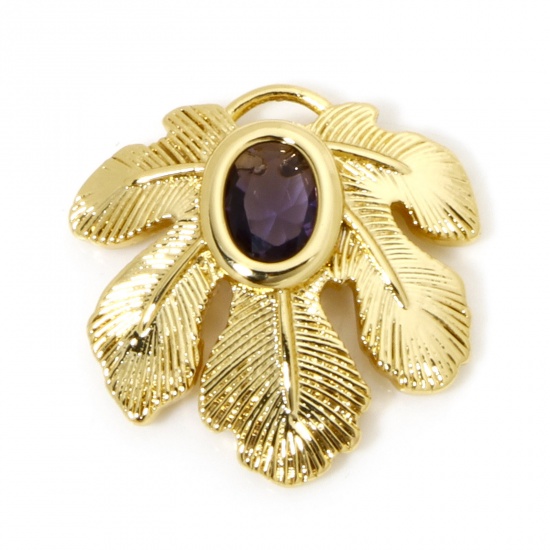 Immagine di 1 Pz Ottone Ciondoli Foglia 18K Vero Oro Placcato Struttura Filigrana Viola Cubic Zirconiae 23mm x 22.5mm