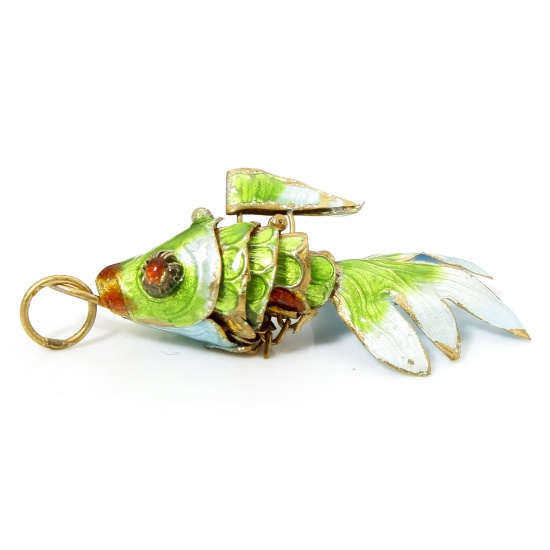 Immagine di 1 Pz Ottone Gioielli Oceanici Ciondoli Pendenti Oro Placcato Verde Chiaro Pesce Mobile 4.8cm x 2.4cm