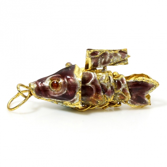 Immagine di 1 Pz Ottone Gioielli Oceanici Ciondoli Oro Placcato Colore Viola Pesce Mobile 28mm x 8mm