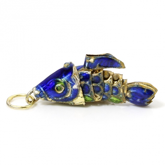 Immagine di 1 Pz Ottone Gioielli Oceanici Ciondoli Oro Placcato Blu Pesce Mobile 28mm x 8mm