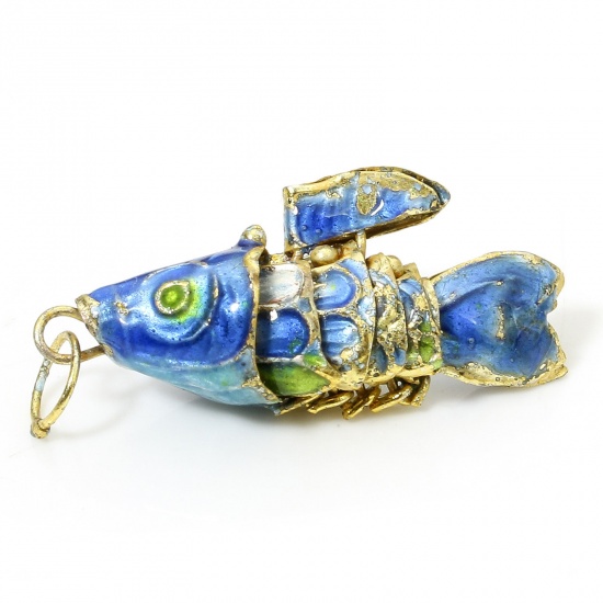 Immagine di 1 Pz Ottone Gioielli Oceanici Ciondoli Oro Placcato Blu Chiaro Pesce Mobile 28mm x 8mm