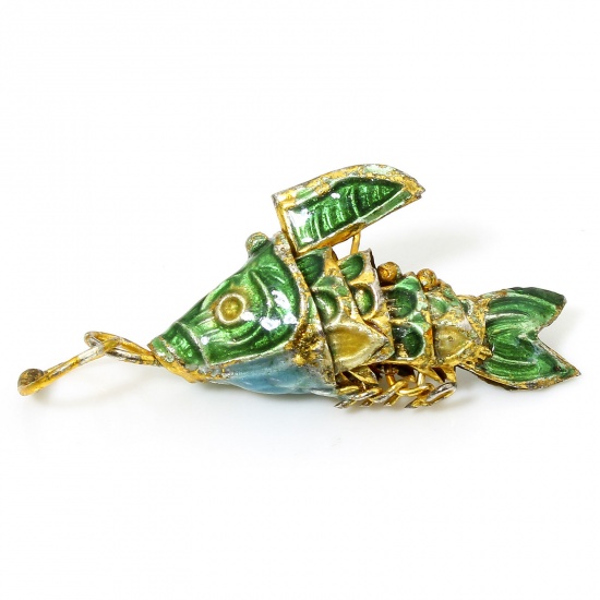 Immagine di 1 Pz Ottone Gioielli Oceanici Ciondoli Oro Placcato Verde Pesce Mobile 28mm x 8mm